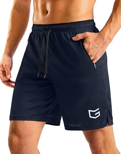 Men's 7" gym shorts, zip pockets, navy