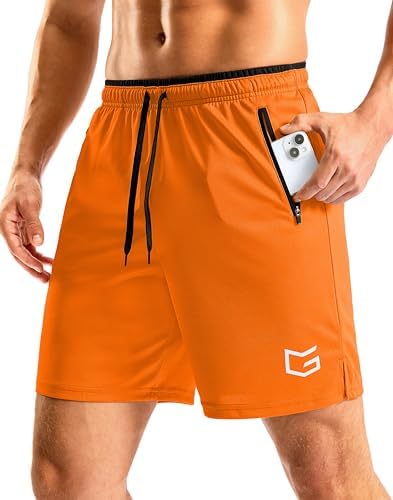 Men's 7" gym shorts, zip pockets, orange