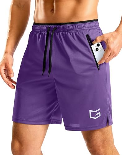 Men's 7" gym shorts, zip pockets, purple