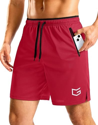 Men's 7" gym shorts, zip pockets, red