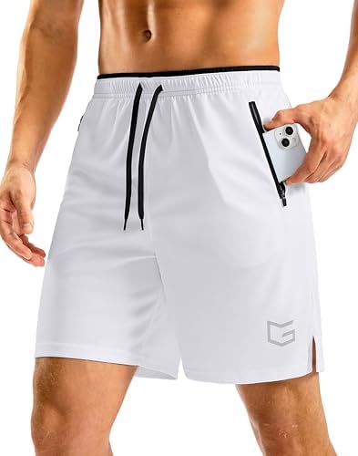 Men's 7" gym shorts, zip pockets, white