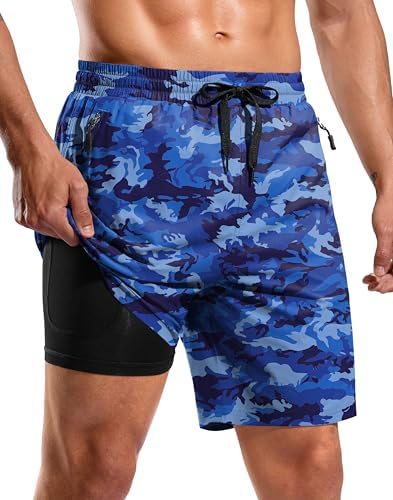 Men's 7" swim trunks with liner, blue camo