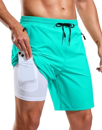 Men's 7" swim trunks with liner, cyan