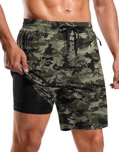 Men's 7" swim trunks with liner, green camo