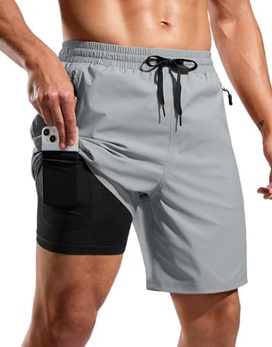 Men's 7" swim trunks with liner, light grey