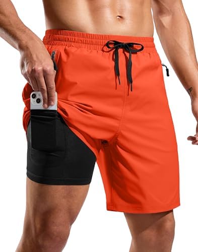 Men's 7" swim trunks with liner, orange