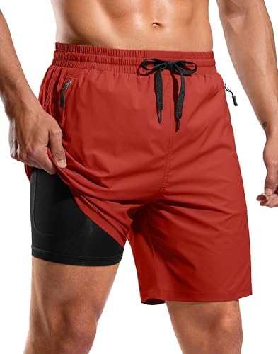 Men's 7" swim trunks with liner, red