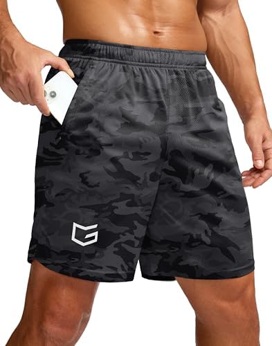 Men's 7" workout shorts with zip pockets, black camo