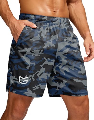 Men's 7" workout shorts with zip pockets, blue camo