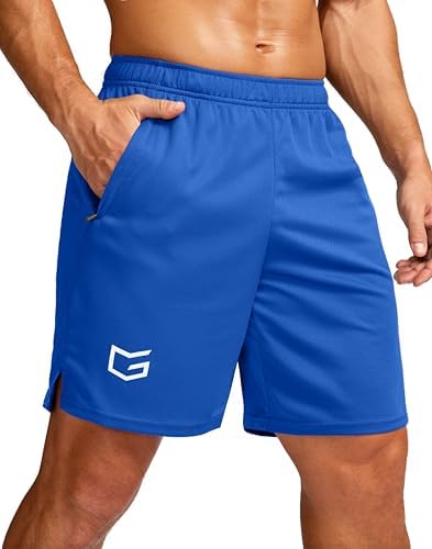 Men's 7" workout shorts with zip pockets, blue