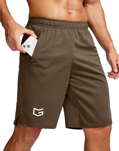 Men's 7" workout shorts with zip pockets, brown rock