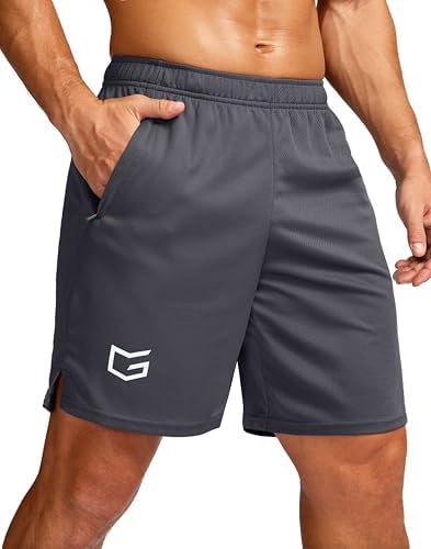 Men's 7" workout shorts with zip pockets, dark grey