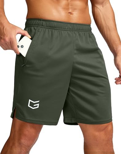 Men's 7" workout shorts with zip pockets, dark olive