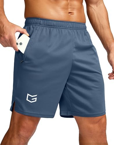 Men's 7" workout shorts with zip pockets, dusty blue