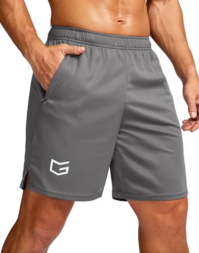 Men's 7" workout shorts with zip pockets, gray