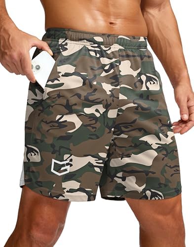 Men's 7" workout shorts with zip pockets, green camo