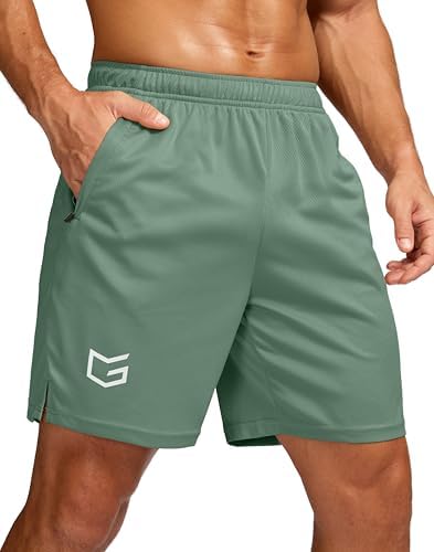 Men's 7" workout shorts with zip pockets, green