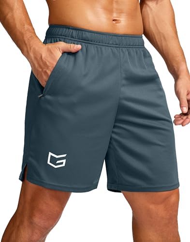 Men's 7" workout shorts with zip pockets, indigo
