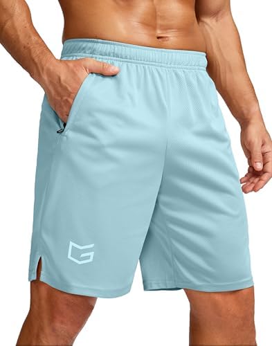 Men's 7" workout shorts with zip pockets, light grayish blue