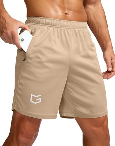 Men's 7" workout shorts with zip pockets, light khaki
