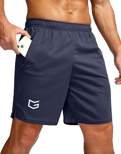 Men's 7" workout shorts with zip pockets, navy blue