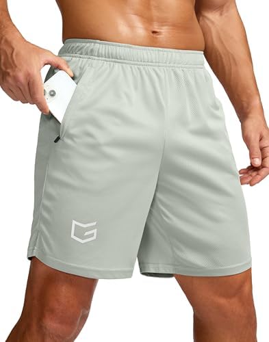 Men's 7" workout shorts with zip pockets, platinum grey
