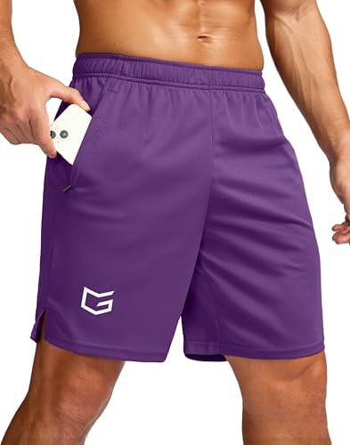 Men's 7" workout shorts with zip pockets, purple