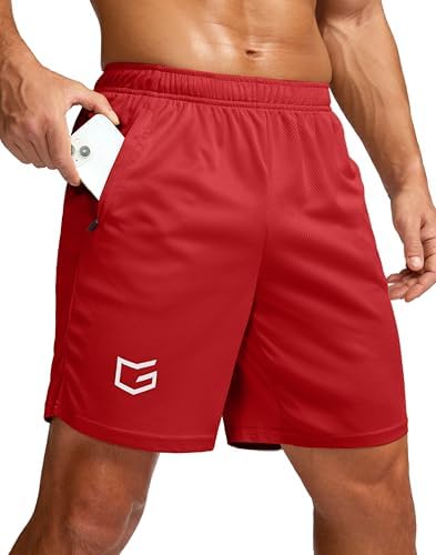 Men's 7" workout shorts with zip pockets, red
