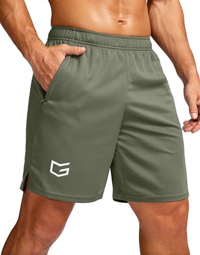 Men's 7" workout shorts with zip pockets, sage green