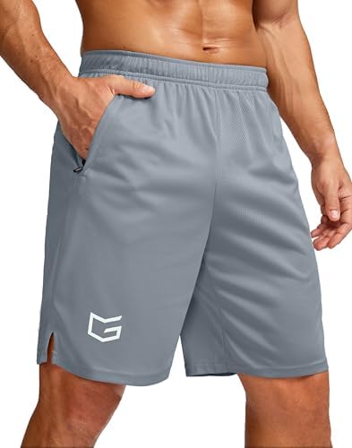 Men's 7" workout shorts with zip pockets, smoke grey
