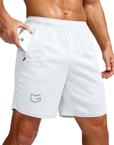 Men's 7" workout shorts with zip pockets, white