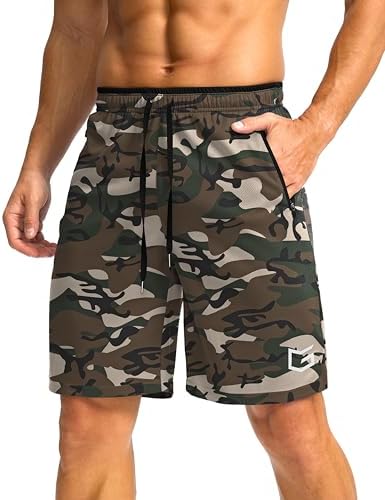 Men's 9" basketball shorts, zip pocket, green camo