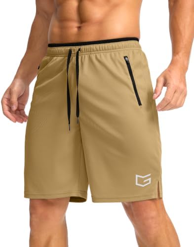 Men's 9" basketball shorts, zip pocket, light khaki