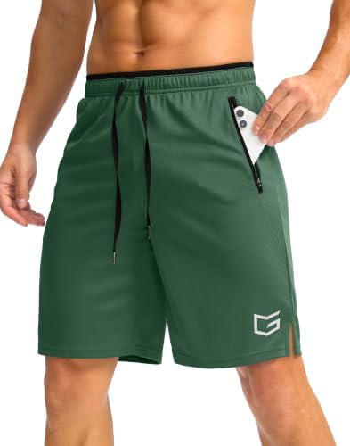 Men's 9" basketball shorts, zip pocket, olive green