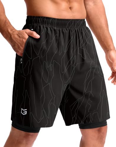 Men's 9" gym shorts with liner, black graphite stripe