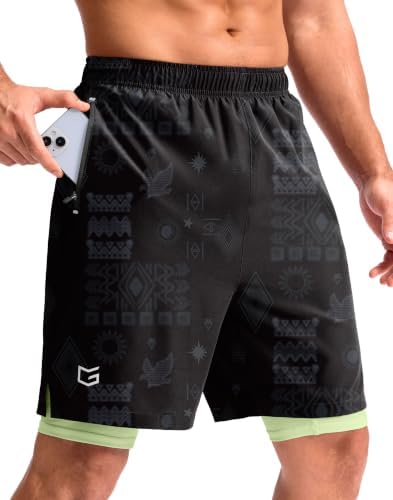 Men's 9" gym shorts with liner, black totem