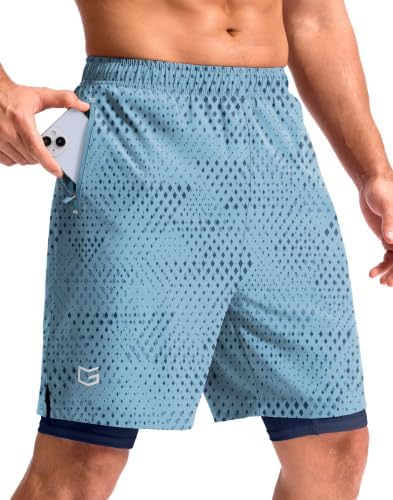 Men's 9" gym shorts with liner, blue geometry