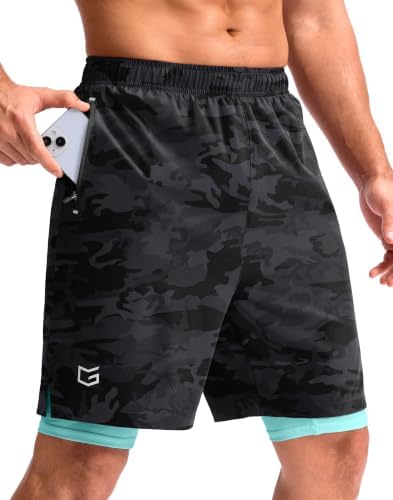 Men's 9" gym shorts with liner, grey camo