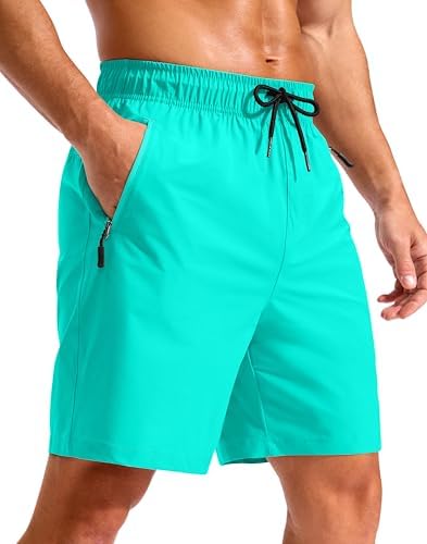 Men's 9" swim trunks, zip pockets, cyan