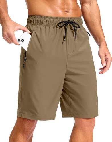 Men's 9" swim trunks, zip pockets, dark khaki