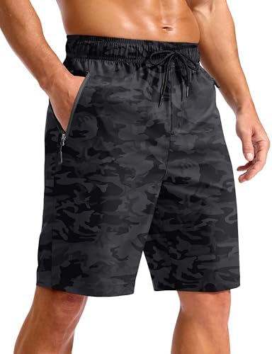 Men's 9" swim trunks, zip pockets, grey camo
