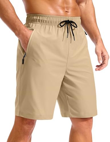 Men's 9" swim trunks, zip pockets, khaki