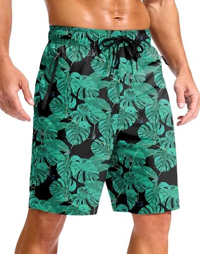 Men's 9" swim trunks, zip pockets, leaf