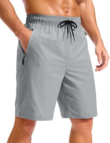 Men's 9" swim trunks, zip pockets, light grey