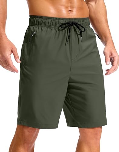 Men's 9" swim trunks, zip pockets, olive