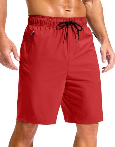 Men's 9" swim trunks, zip pockets, red