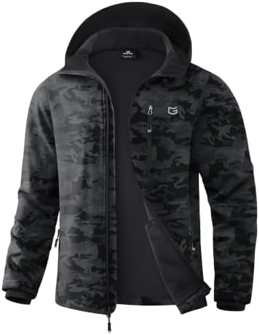 Men's hooded softshell jacket, black camo b