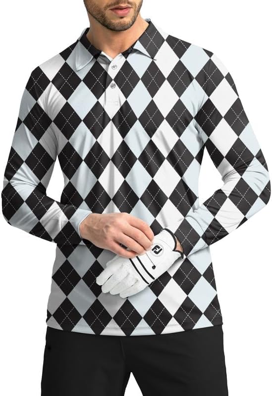 Men's long sleeve UPF 50+ golf polo, grey argyle