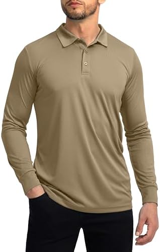 Men's long sleeve UPF 50+ golf polo, khaki