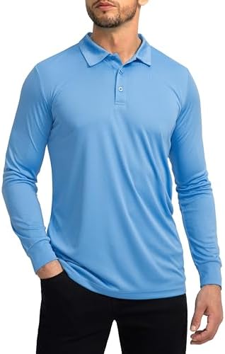 Men's long sleeve UPF 50+ golf polo, sky blue